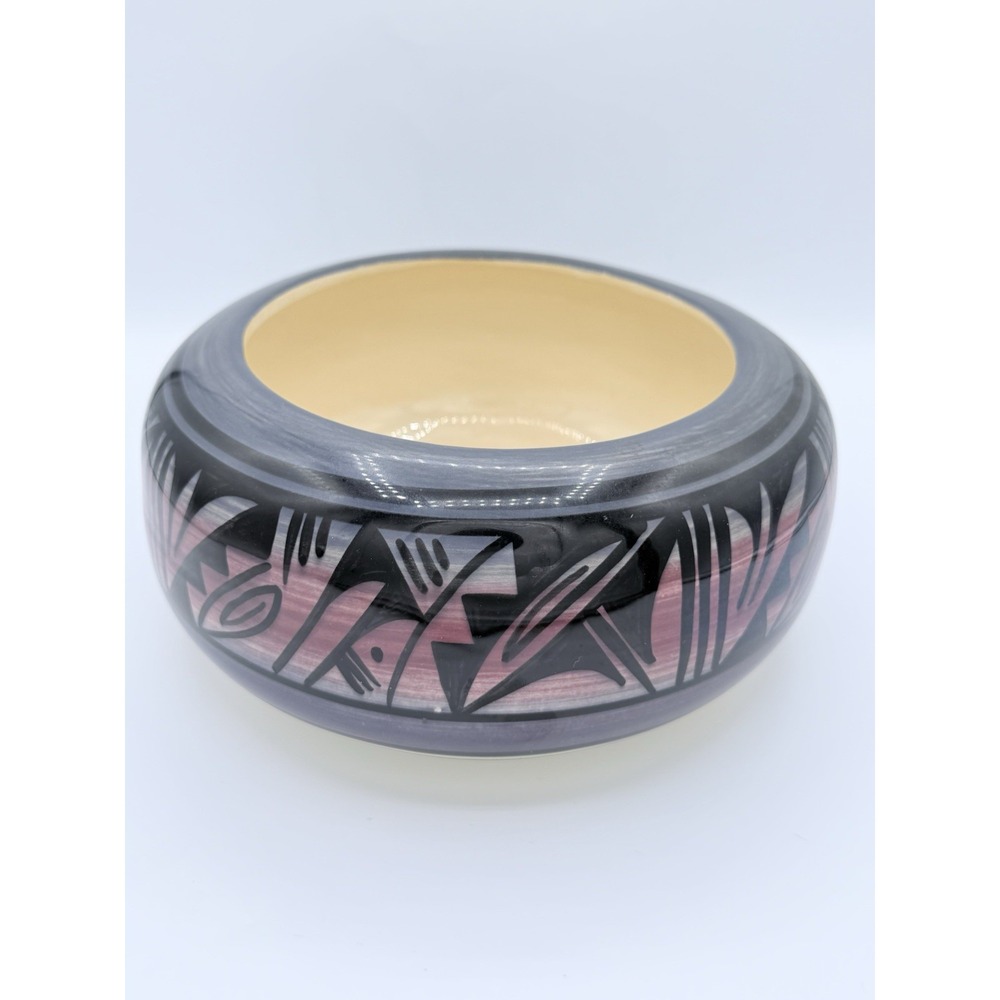 Native American Navajo Pottery Bowl, Pink And Blue, Signed By Silas MINT